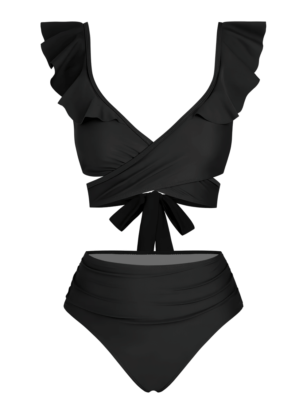 Black Ruffle Wrap High Waist Two Piece Swimsuit - SF4681 featuring ruffle-shoulder top and high-waisted bottoms.