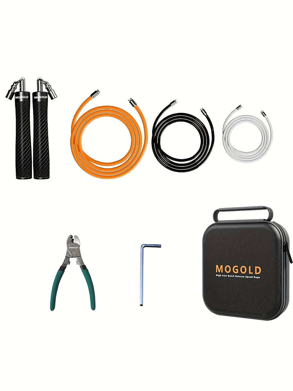 Black speed jump rope set with interchangeable cables, anti-slip handles, pliers, and carry case for cardio and strength training.