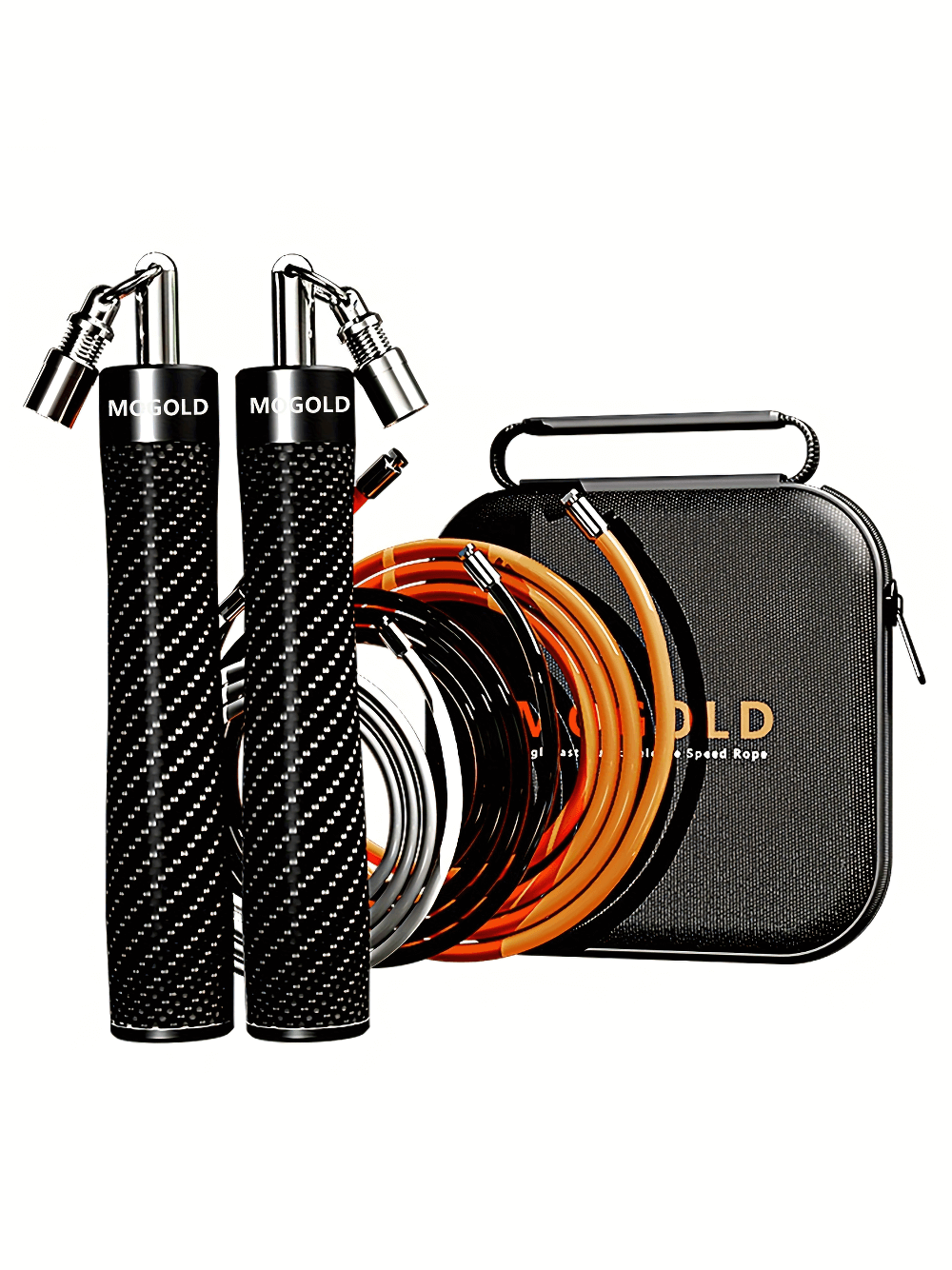 Black speed jump rope with interchangeable cables and case, perfect for cardio and strength training with anti-slip handles.