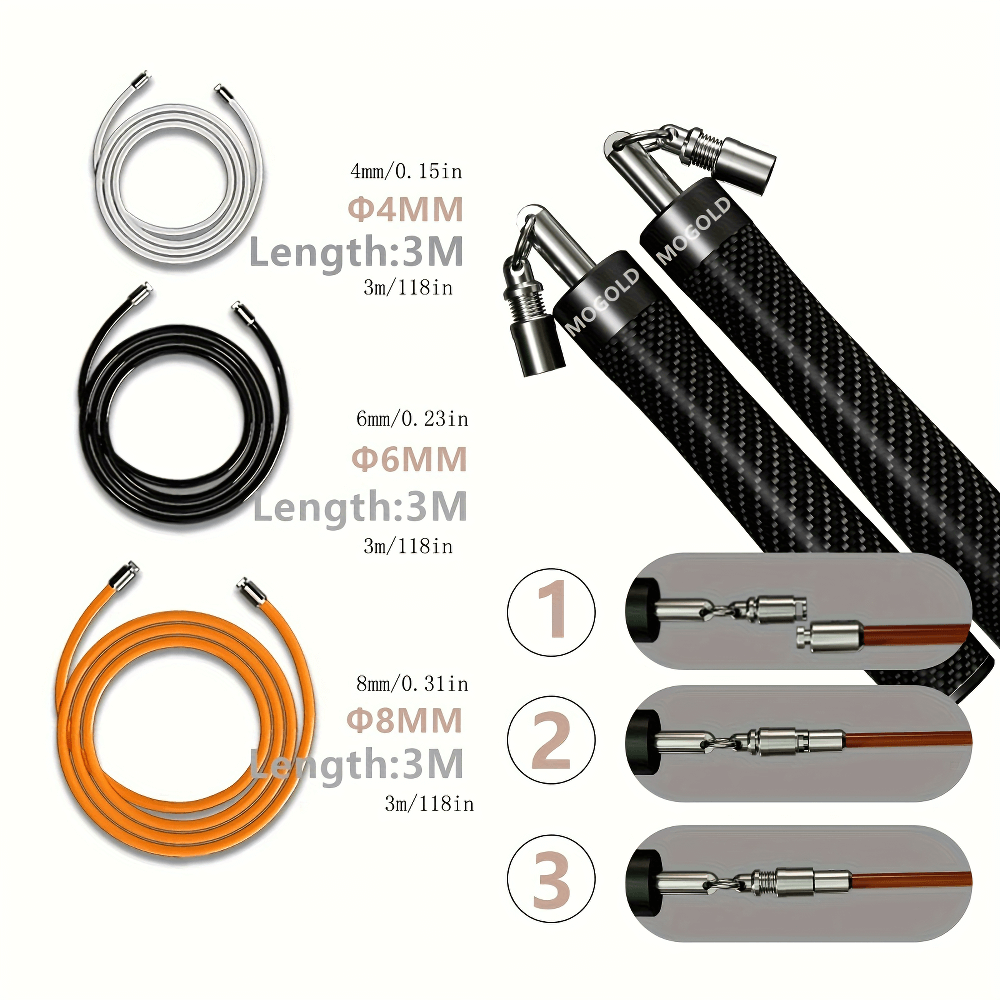 Black speed jump rope set with interchangeable cables in 4mm, 6mm, 8mm for cardio and strength training, featuring fast clip system.