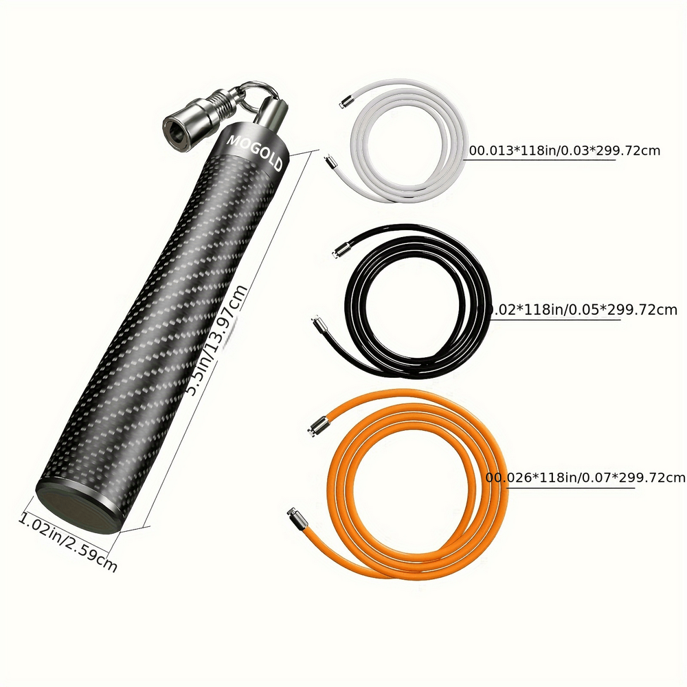 Black speed jump rope with interchangeable cables in white, black, and orange for versatile cardio and strength training.