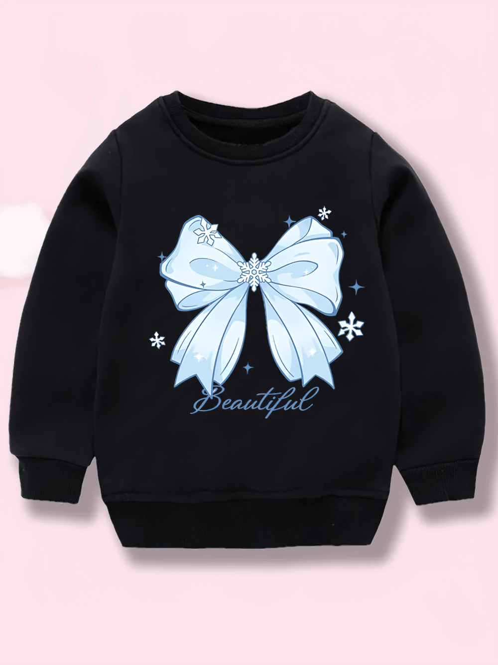 Blue Bow and Snowflake Printing Sweatshirt - SF3690, featuring a cute heart-shaped bow on a soft sweatshirt for kids and teens.