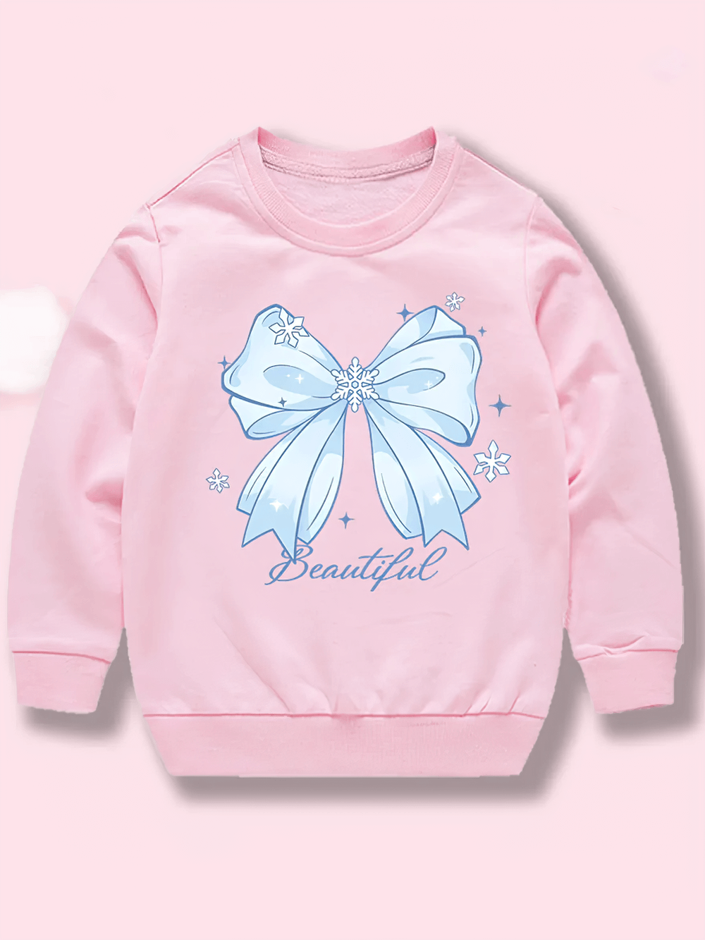Pink sweatshirt featuring a blue bow with snowflake print, designed for kids and teens. Product: Blue Bow and Snowflake Printing Sweatshirt - SF3690.