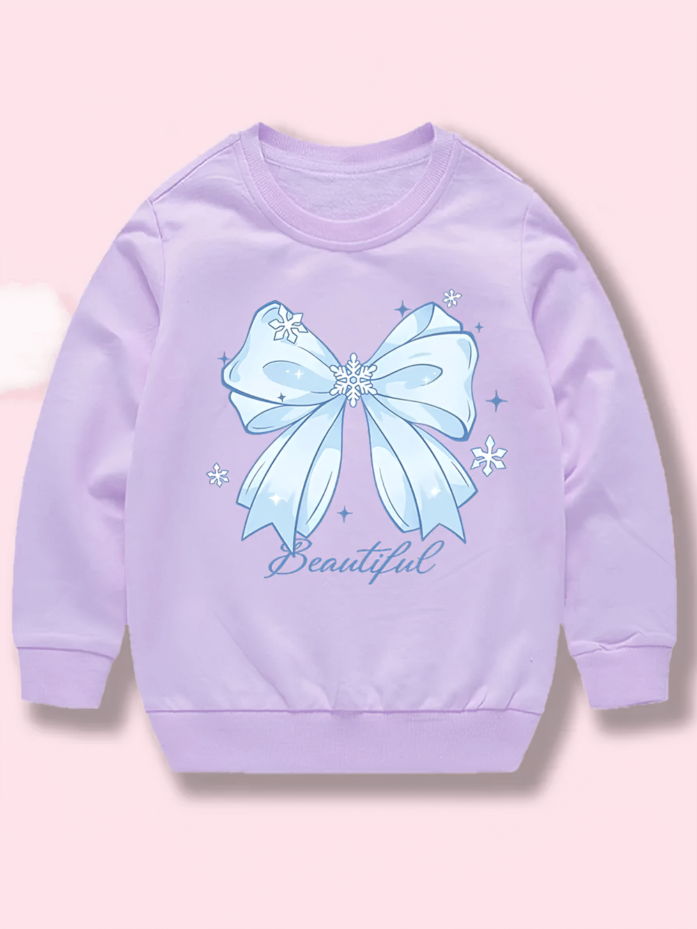 Blue Bow and Snowflake Printing Sweatshirt - SF3690 in purple with heart-shaped bow graphic for kids and teens.