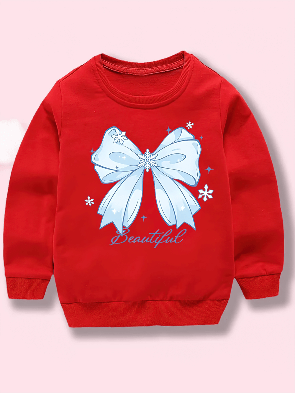 Red sweatshirt with a blue bow and snowflake print, featuring the design "Beautiful". Perfect for kids and teens. Blue Bow and Snowflake Printing Sweatshirt - SF3690.