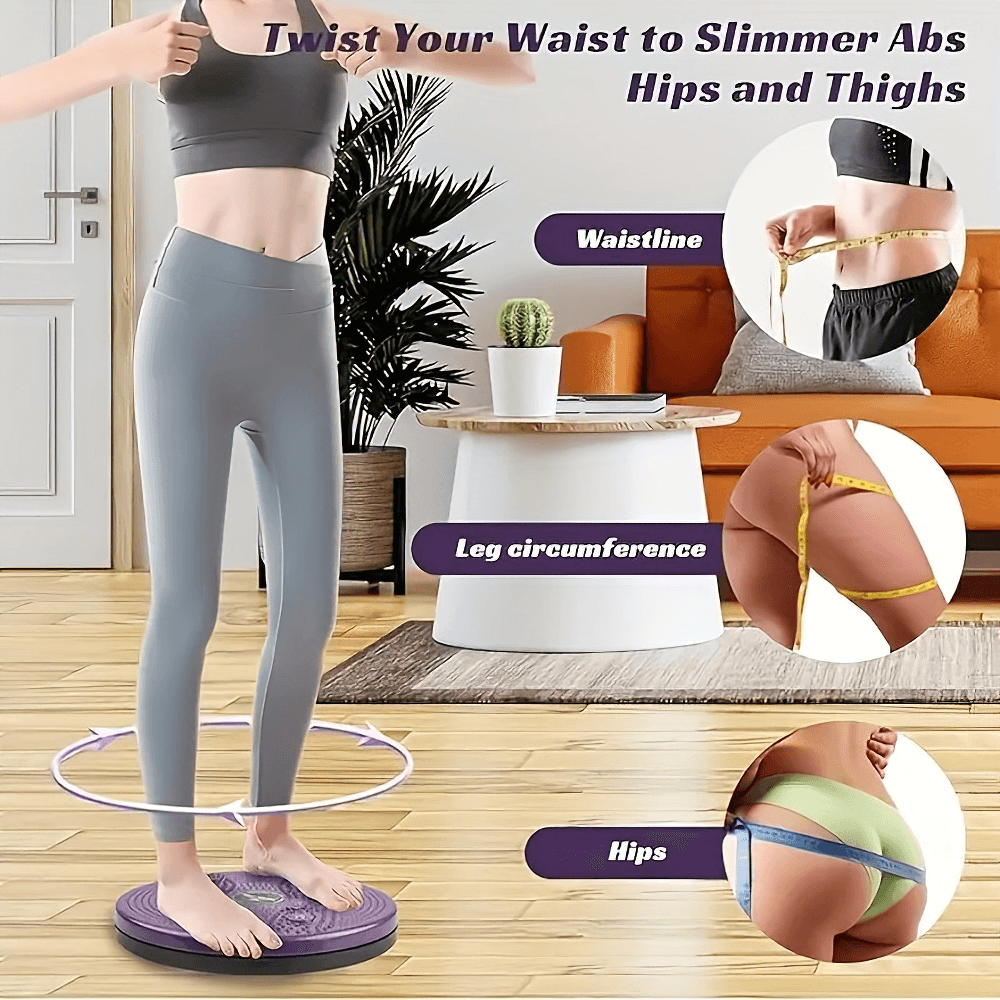 Woman using body shaping balance board for core training, targeting waist, leg circumference, and hips in home workout setting.