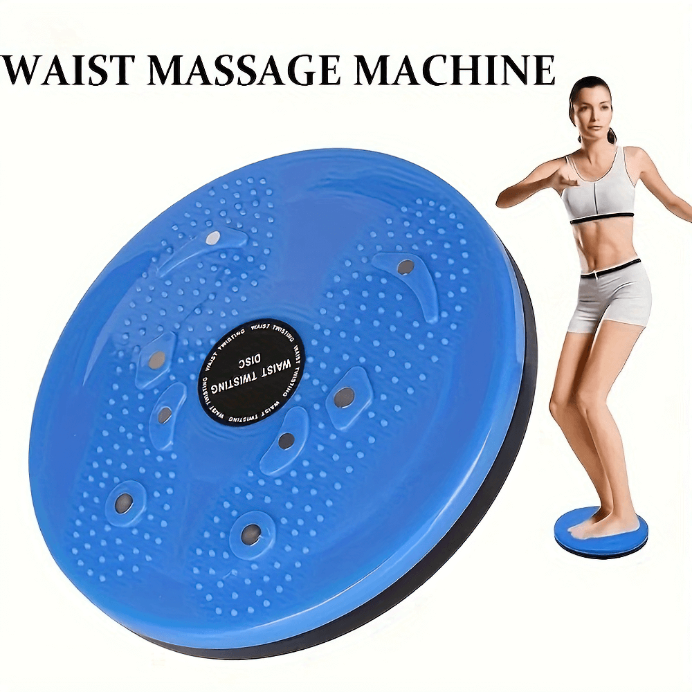 Blue waist twisting massage board with woman demonstrating core exercise for balance and fitness enhancement.