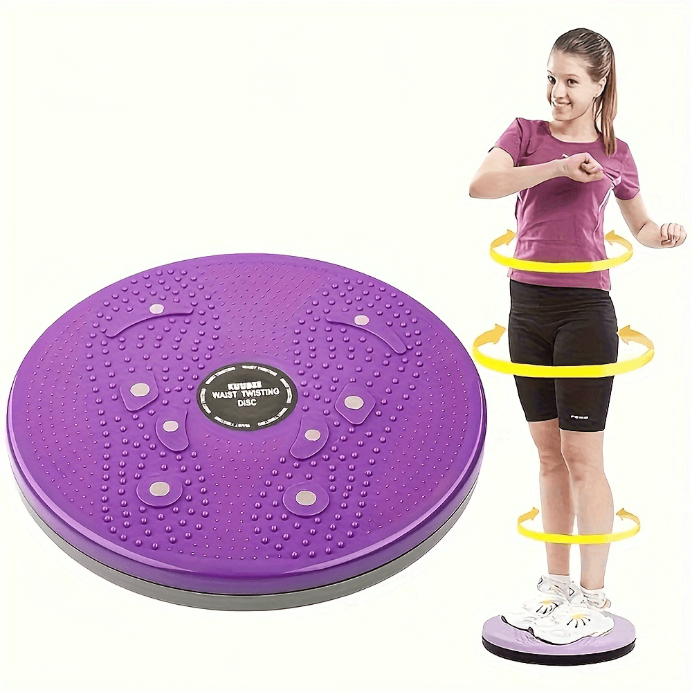 Purple waist twisting and balance board with woman demonstrating core exercises for fitness and body shaping.