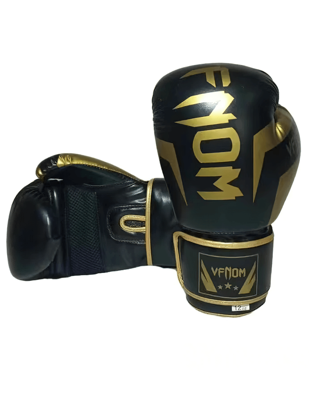 SF2690 Muay Thai boxing gloves in black and gold with secure Velcro closure, made from durable PU leather. Unisex, ideal for fitness.