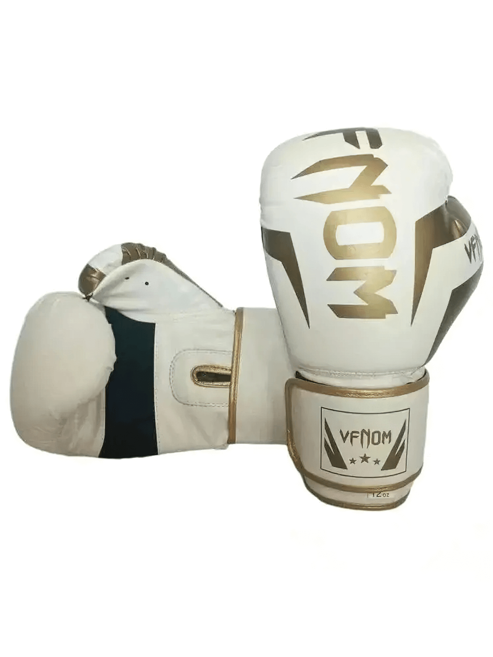 White and gold Muay Thai boxing gloves with Velcro closure, durable PU leather, and breathable design for men and women, SF2690.