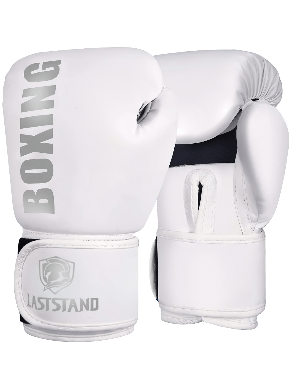 White boxing gloves with wrist support, featuring durable design for training and competition, with ergonomic grip and ventilation.