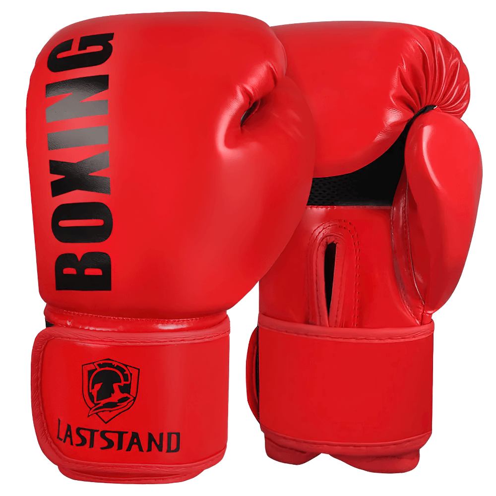 Red boxing gloves with wrist support for training, featuring durable design and breathable mesh for sparring and heavy bag workouts.