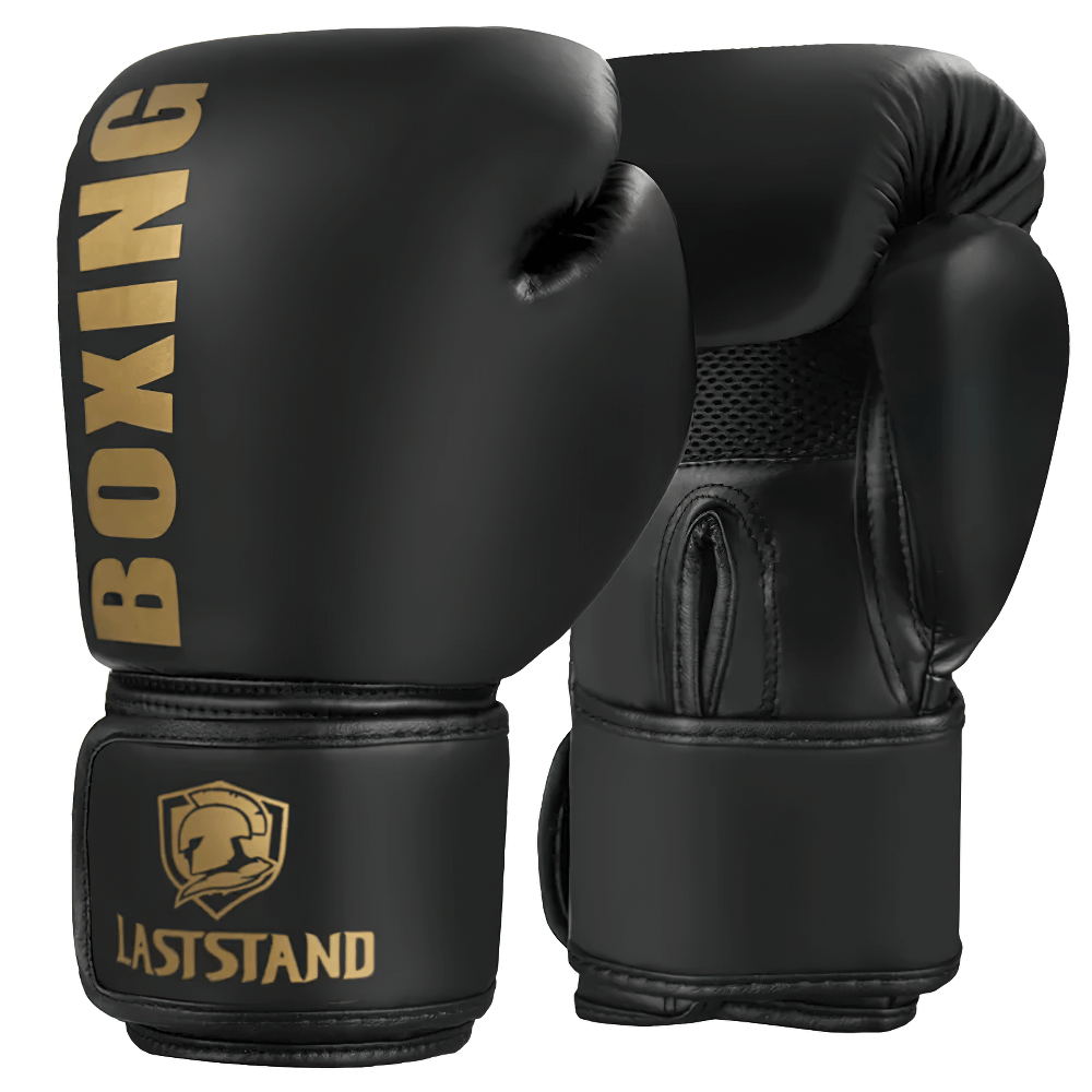 Black boxing gloves with wrist support SF2696, featuring durable design and ergonomic grip for sparring and training. LastStand logo visible.