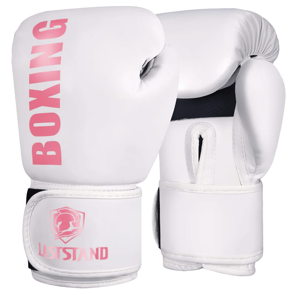 White boxing gloves with pink branding, featuring reinforced wrist support and breathable mesh, ideal for training and competition.