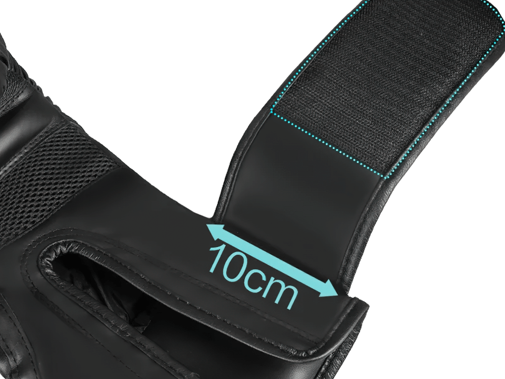 Close-up of boxing glove with 10cm reinforced wrist support and breathable mesh.