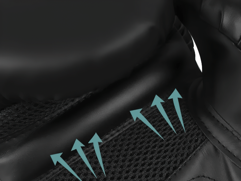Close-up of boxing gloves showing breathable mesh panels and wrist support with airflow arrows highlighting ventilation features.
