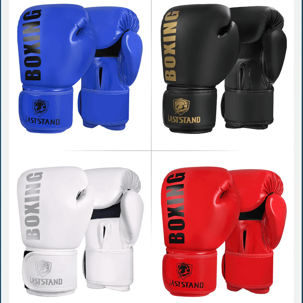 Boxing gloves with wrist support in blue, black, white, and red colors, ideal for training and sparring sessions.