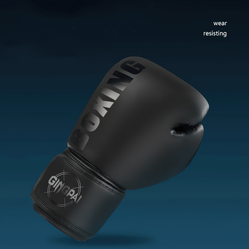Durable black boxing glove with wrist support for training, featuring breathable mesh, ergonomic design, and enhanced grip for sparring.