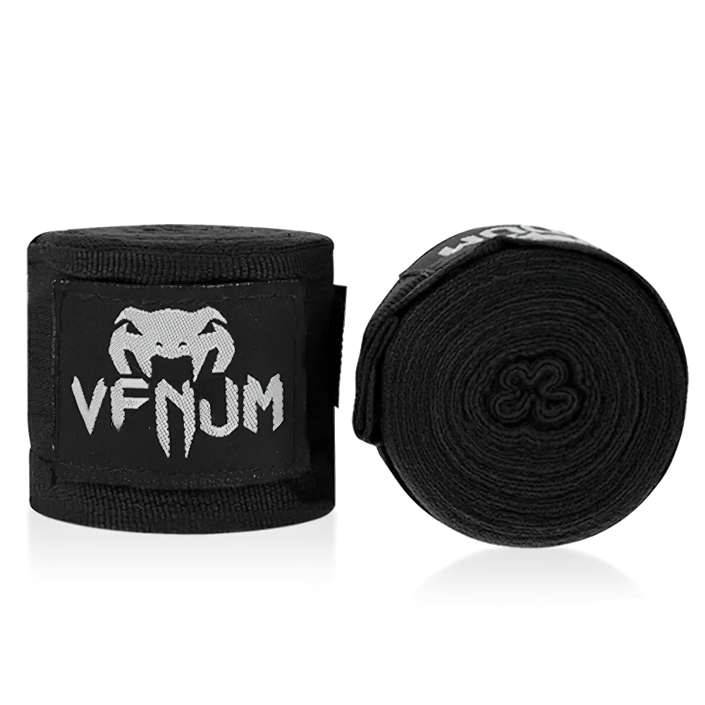 Black boxing hand wraps for MMA and training, SF3084 model, featuring secure hook-and-loop closure for wrist and knuckle support.