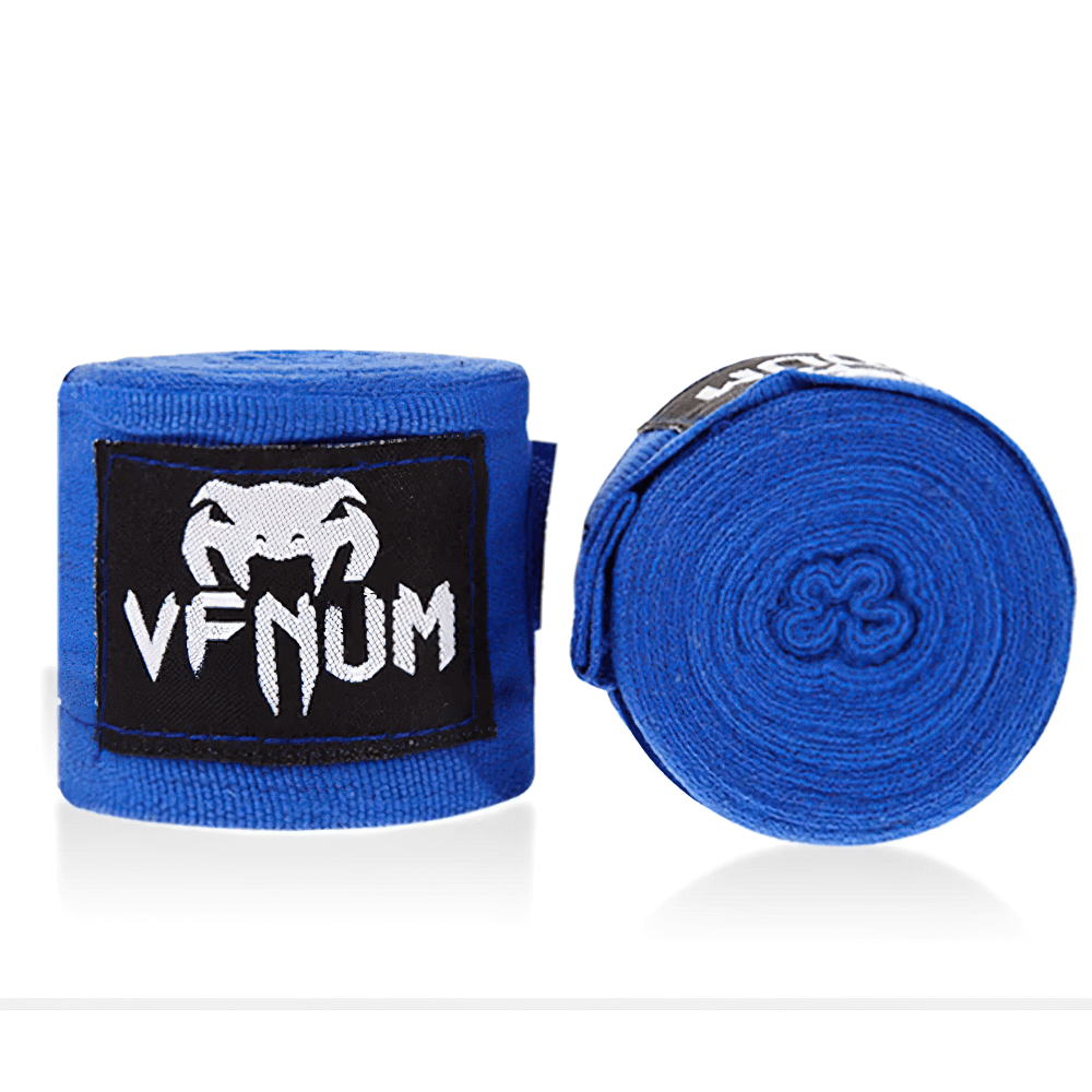 Blue boxing hand wraps for MMA and training, featuring elastic cotton and hook-and-loop closure, versatile for combat sports.