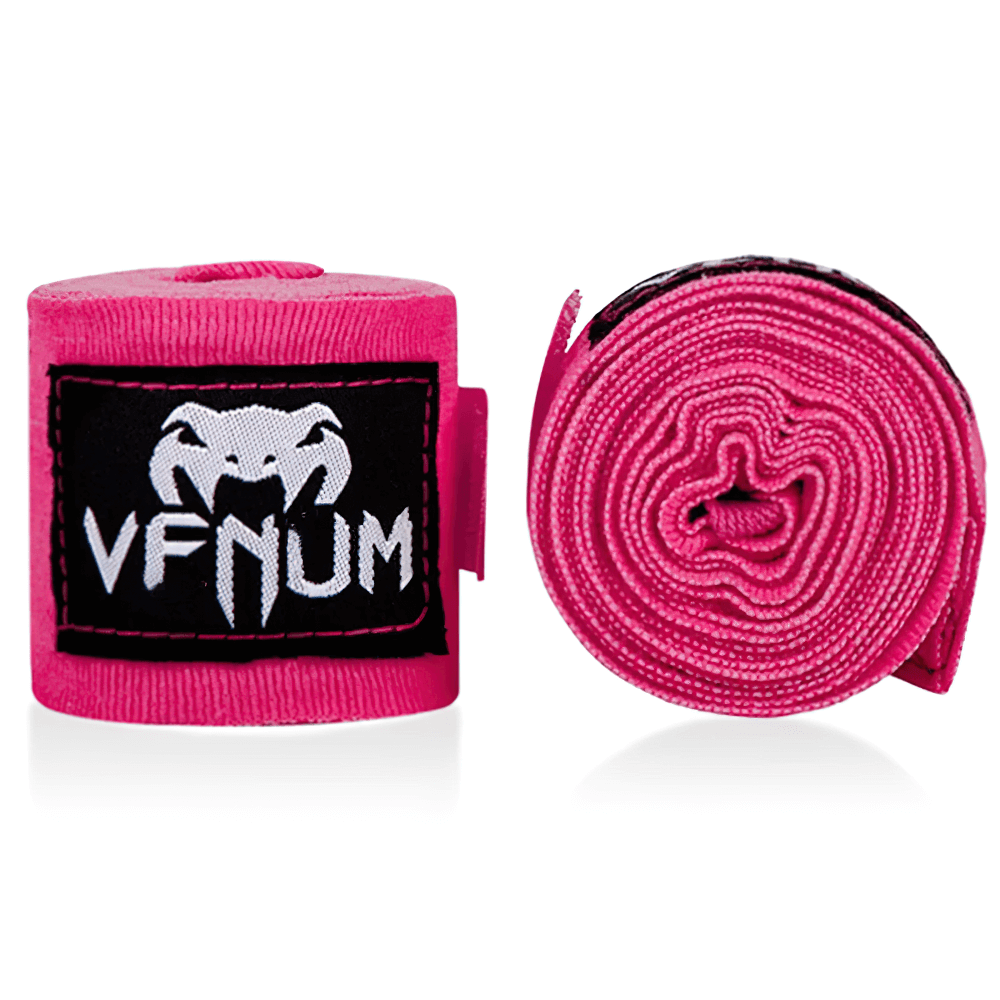 Boxing hand wraps in pink for MMA and training, featuring elastic cotton for wrist and knuckle protection with hook-and-loop closure.