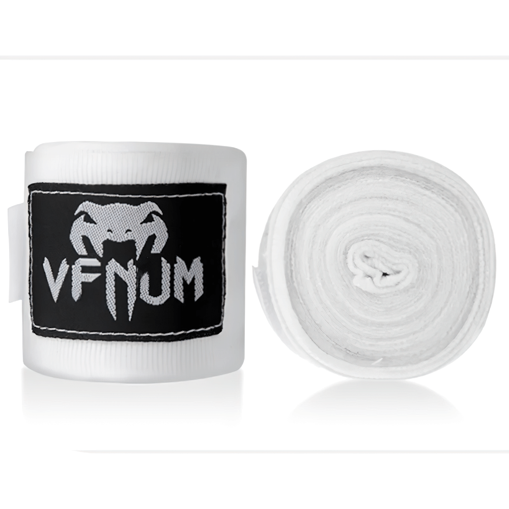 White boxing hand wraps with black VFNUM logo, ideal for MMA, Muay Thai, and combat sports training, showing strength and flexibility.