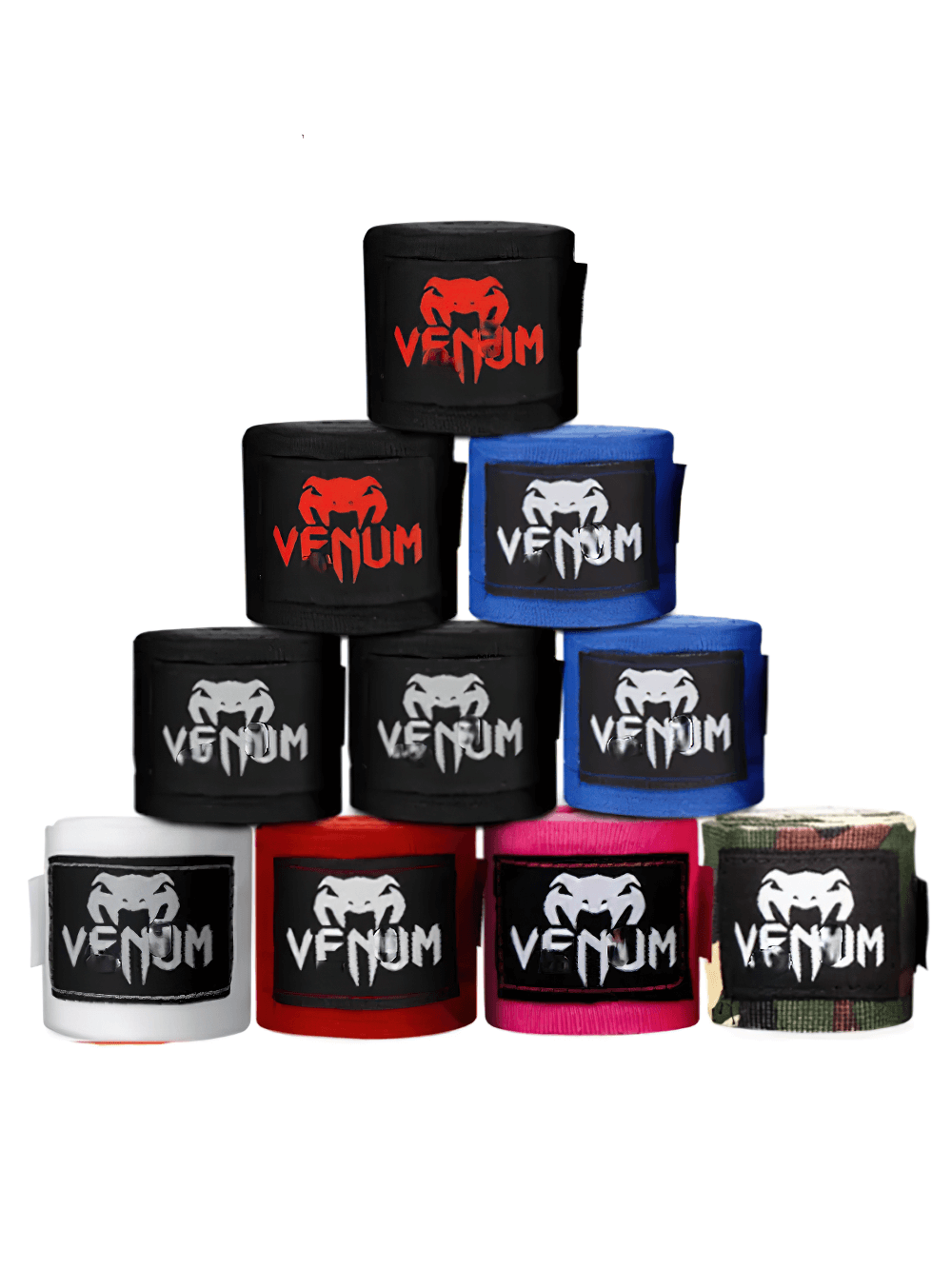 Colorful stack of boxing hand wraps ideal for MMA, Muay Thai, and Taekwondo, showcasing Venum logo for combat sports enthusiasts.
