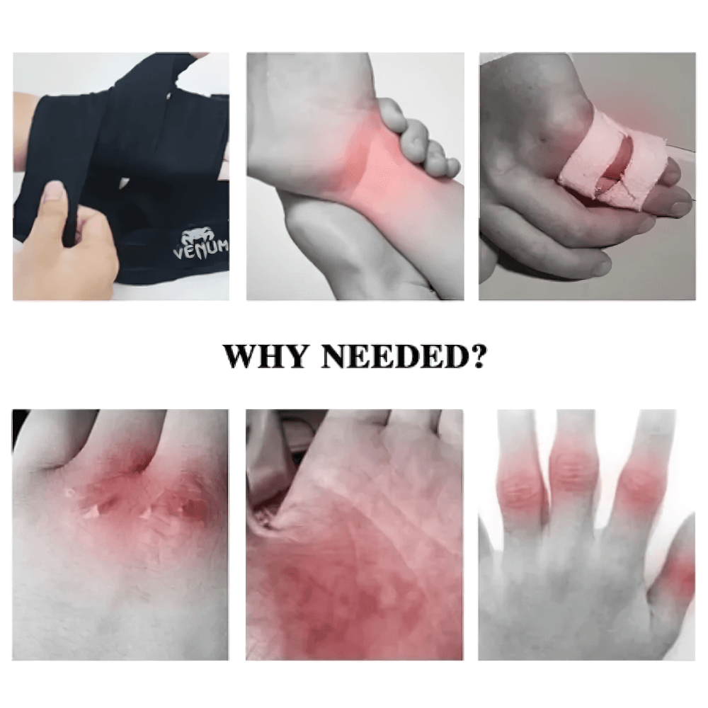 Image illustrating the need for boxing hand wraps with red areas highlighting potential injuries without proper protection.