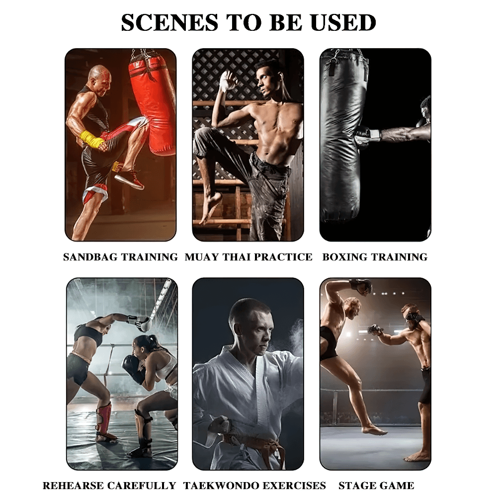 Six scenes of combat training including sandbag, Muay Thai, boxing, rehearsing, Taekwondo, and stage showcasing various martial arts activities.