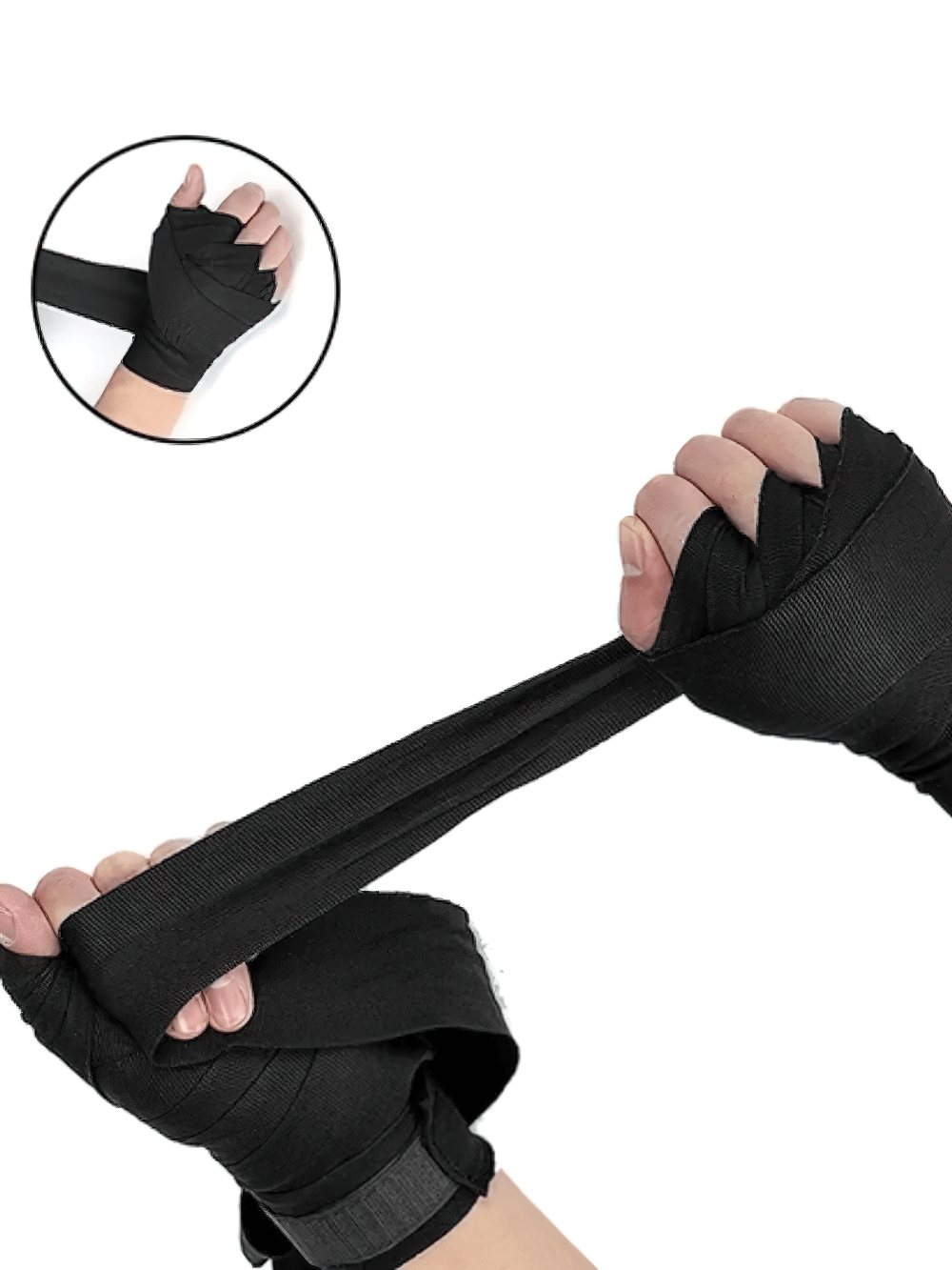 Elastic cotton boxing hand wraps being secured, ideal for MMA, Muay Thai, and combat sports training. Hook-and-loop closure ensures a snug fit.