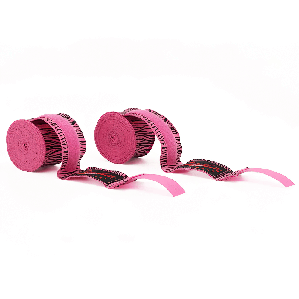 Pink printed boxing hand wraps with wrist support for training and sparring, featuring bold zebra stripe pattern. Durable and adjustable.