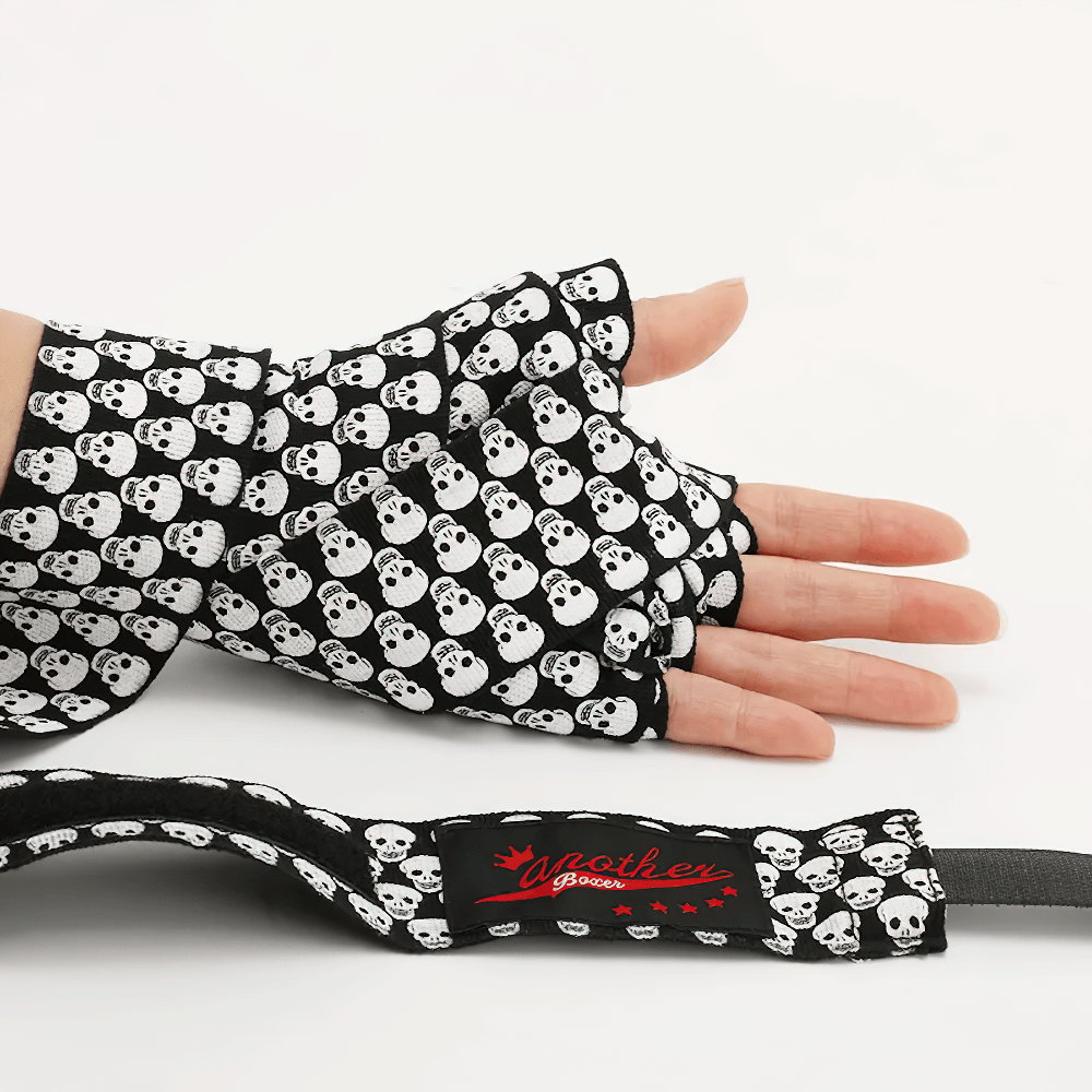 Black and white skull print boxing hand wraps for wrist support, SF3164. Durable, breathable, and adjustable for training and sparring.