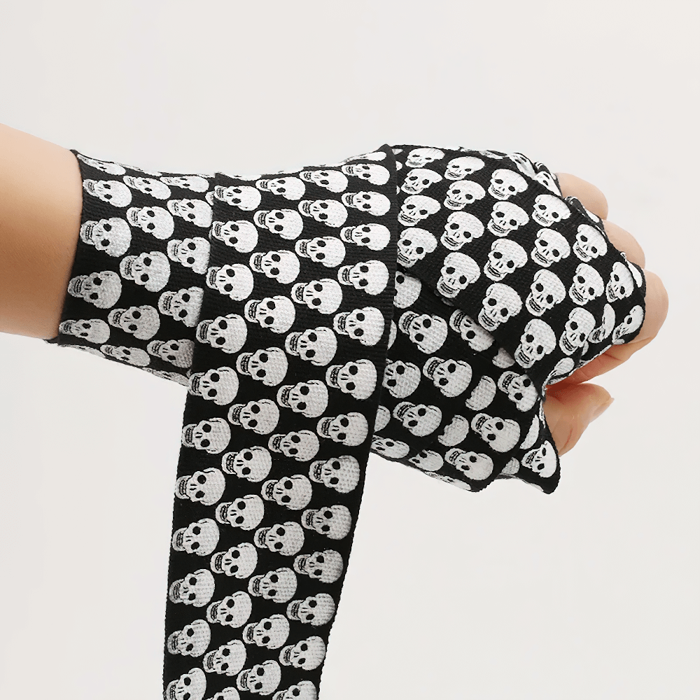 Printed boxing hand wraps with skull design for wrist support, ideal for training and sparring. SF3164 model.