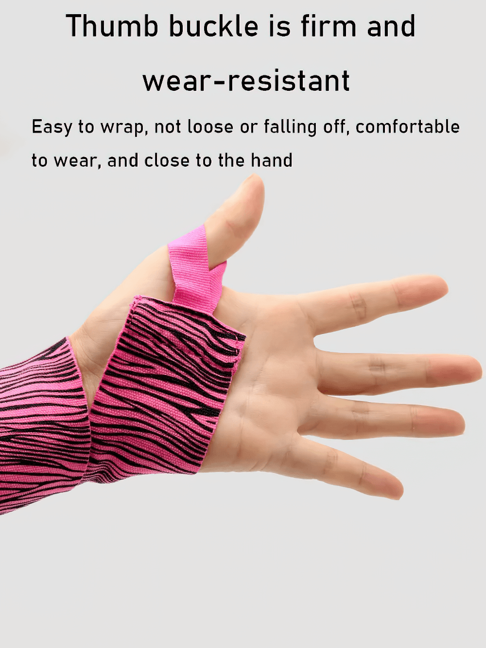 Zebra print boxing hand wrap with thumb buckle for secure wrist support, ideal for training and sparring