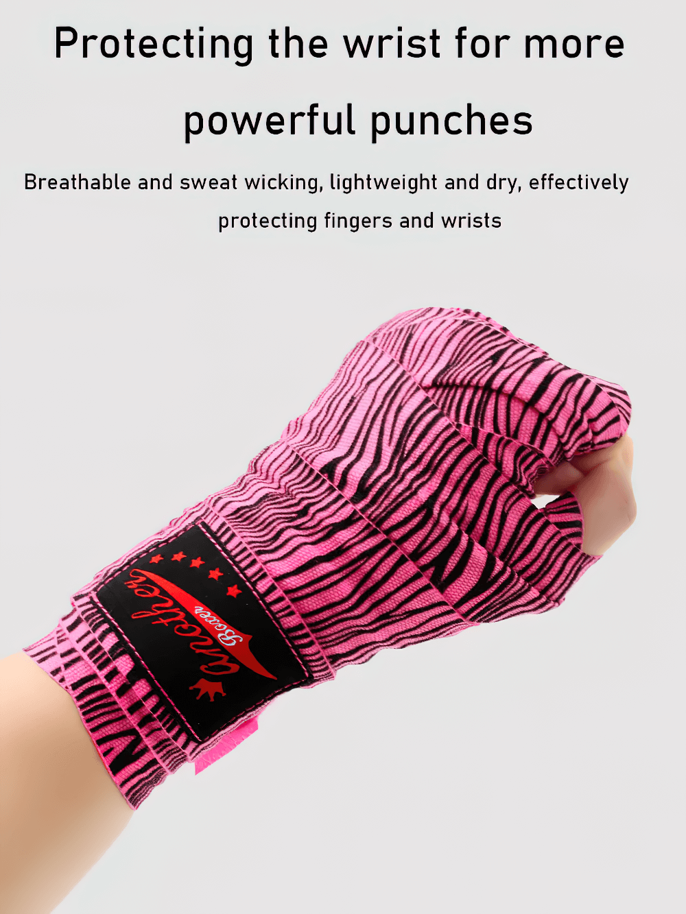 Pink zebra print boxing hand wrap with wrist support for training and sparring, enhancing grip and protection.