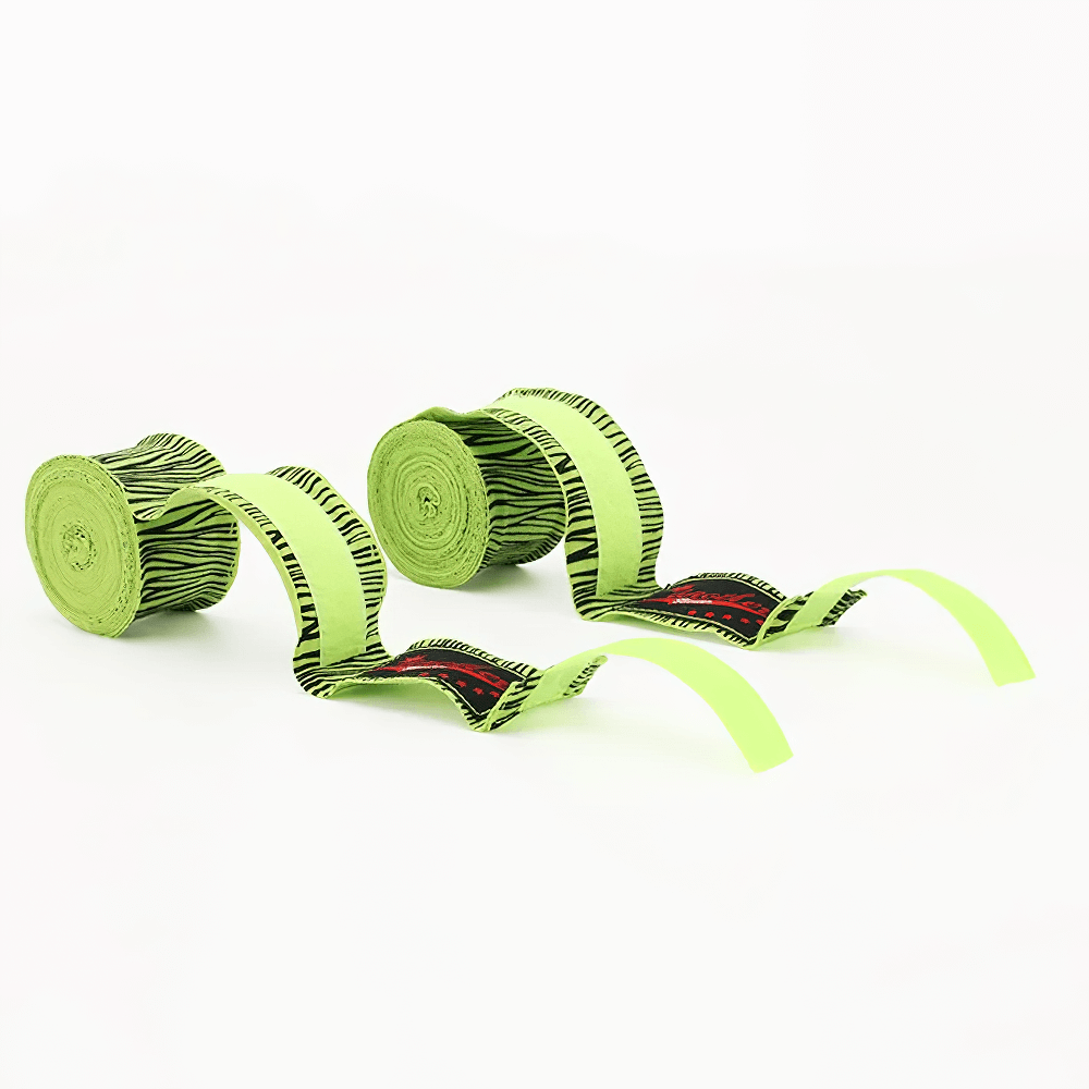 Lime green boxing hand wraps with black zebra stripes, offering wrist support for training and sparring.