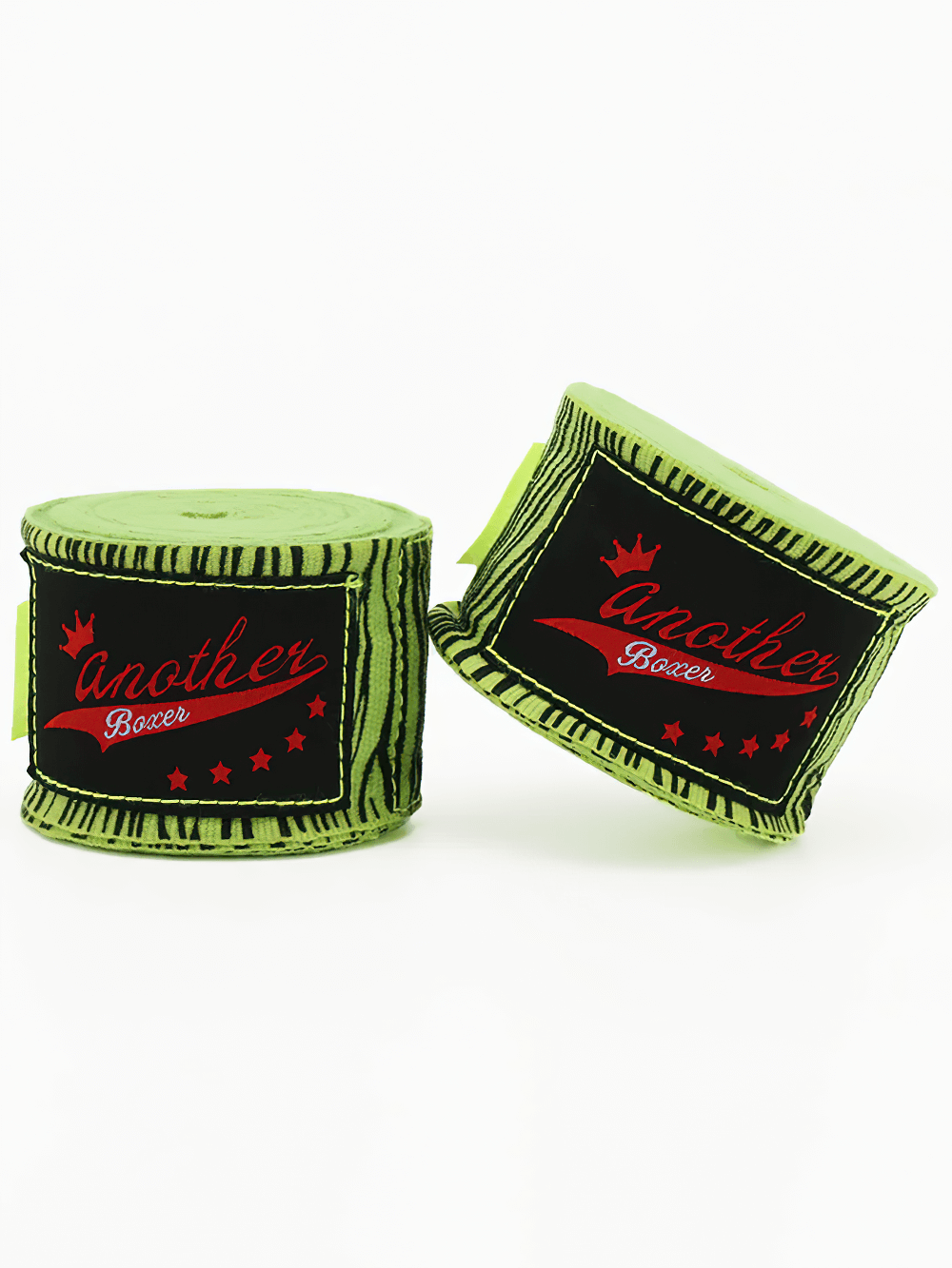 Neon green printed boxing hand wraps with wrist support, featuring red logo, designed for secure grip in training and sparring - SF3164