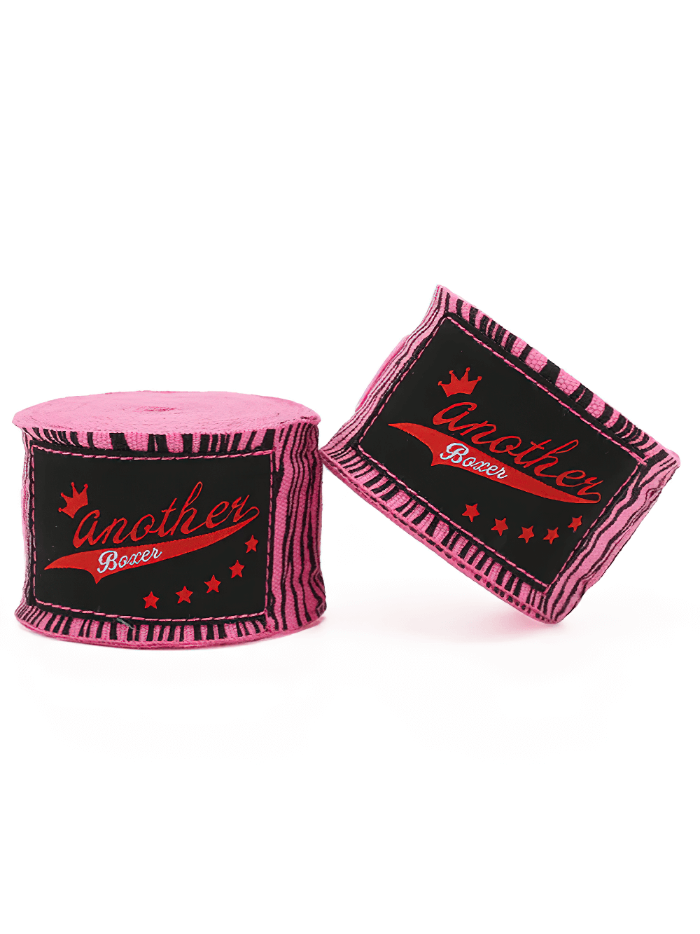 Pink printed boxing hand wraps with black and red logo, offering wrist support for training and sparring, ideal for injury prevention.