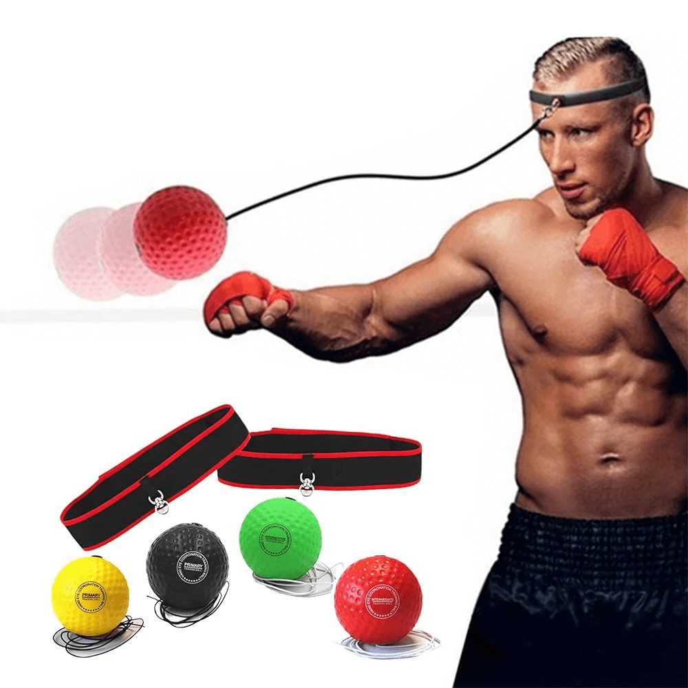 Man using Boxing Reaction Ball with Adjustable Headband for speed drills and combat training, featuring multiple color balls.