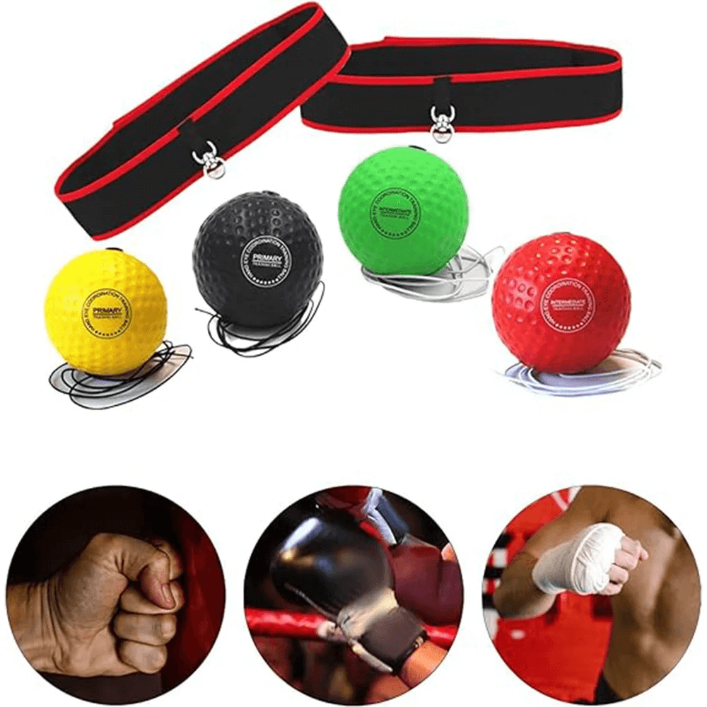 Boxing reaction ball set with adjustable headband for speed drills and combat training, featuring three colored balls for all skill levels.