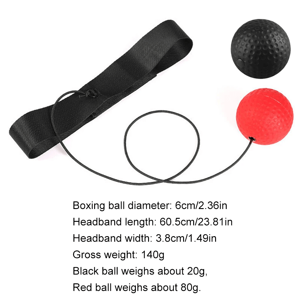 Boxing reflex ball and headband set with black and red PU balls, ideal for MMA, Muay Thai training. Enhance reflexes and precision.