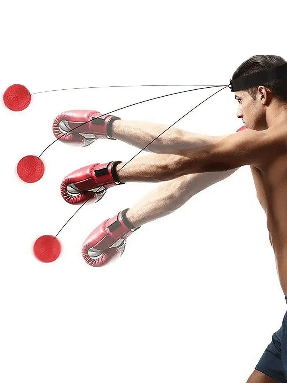 Man training with boxing reflex ball and headband for MMA, enhancing speed, reflexes, and accuracy, using head-mounted setup.