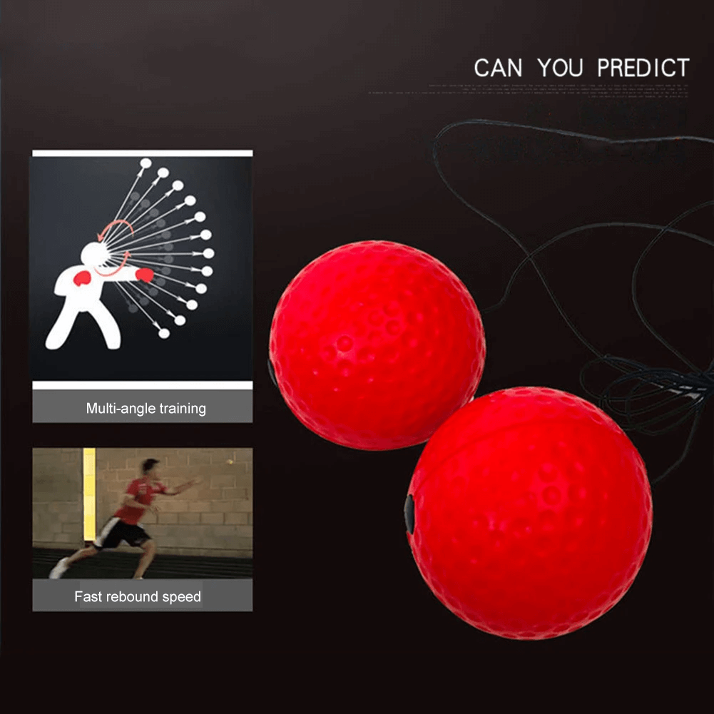 Red boxing reflex ball with headband for MMA speed and reaction training, designed for enhancing timing and accuracy.