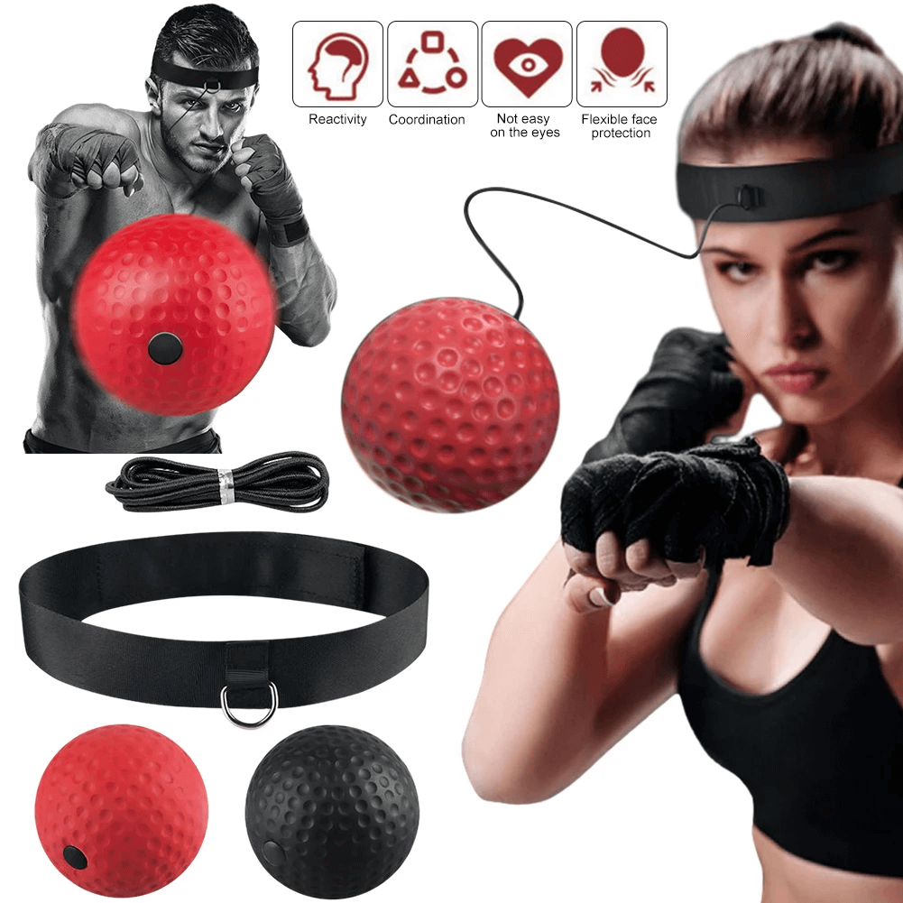 Boxing reflex ball and headband set for MMA training, featuring head-mounted speed ball and elastic string to enhance coordination.