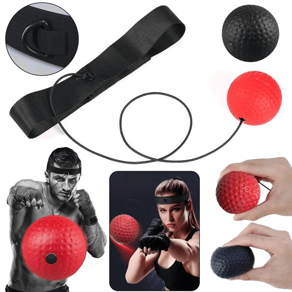 Boxing reflex ball and headband for MMA training, featuring red and black PU balls, enhances speed, reflexes, and hand-eye coordination.