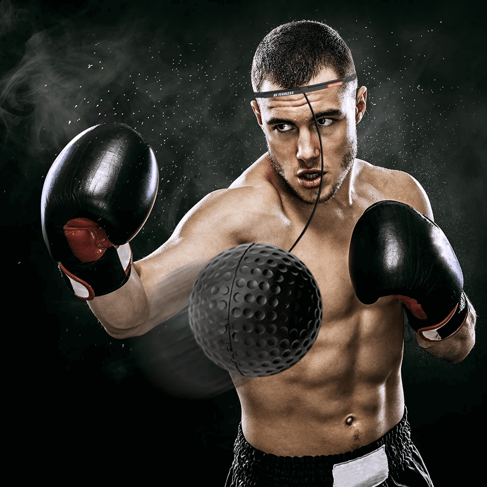 Boxer using SF3150 Boxing Reflex Ball Set with adjustable headband to train speed and coordination.