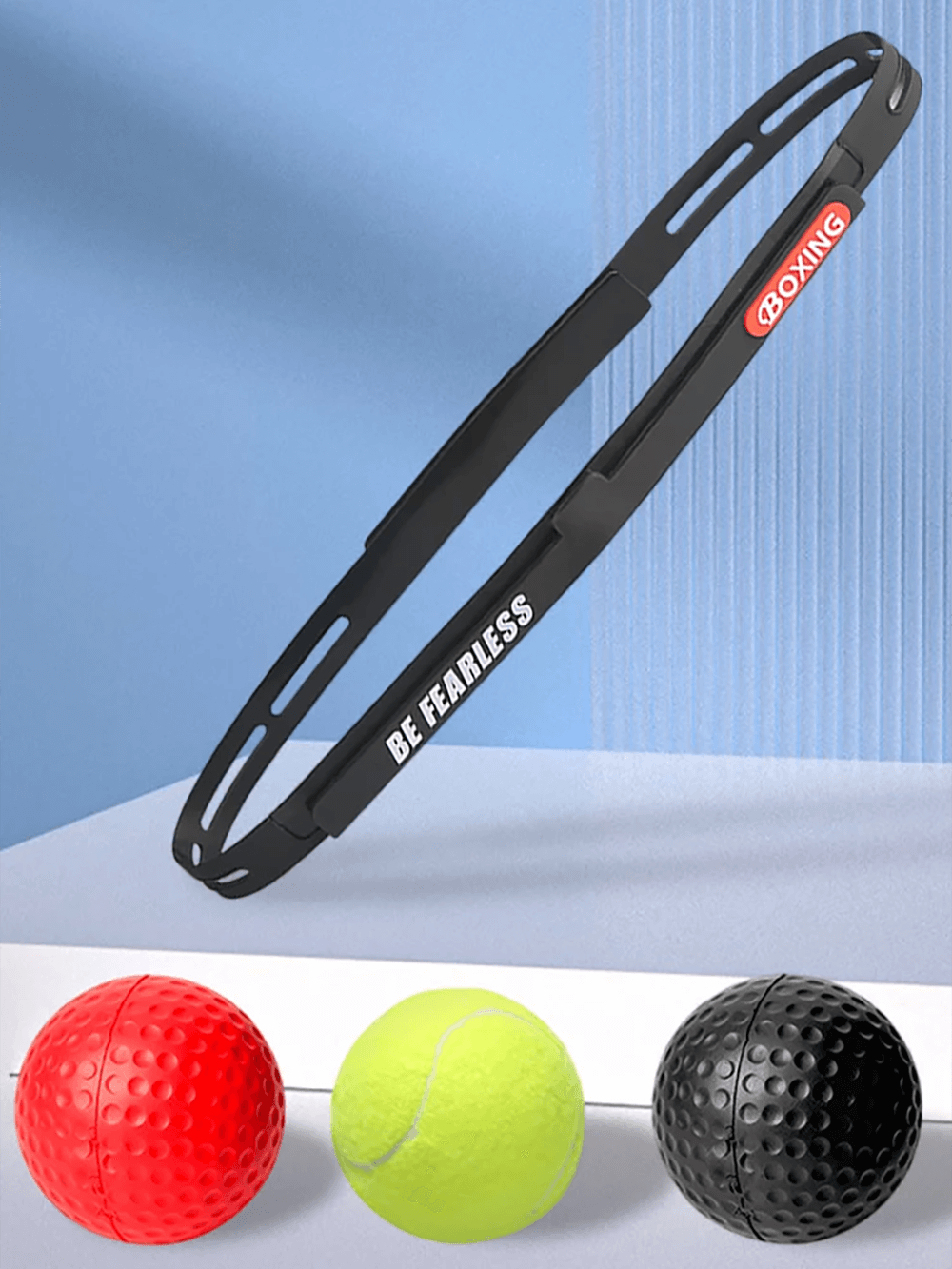 Boxing reflex ball set with adjustable 'Be Fearless' headband and three PU balls for speed and coordination training.