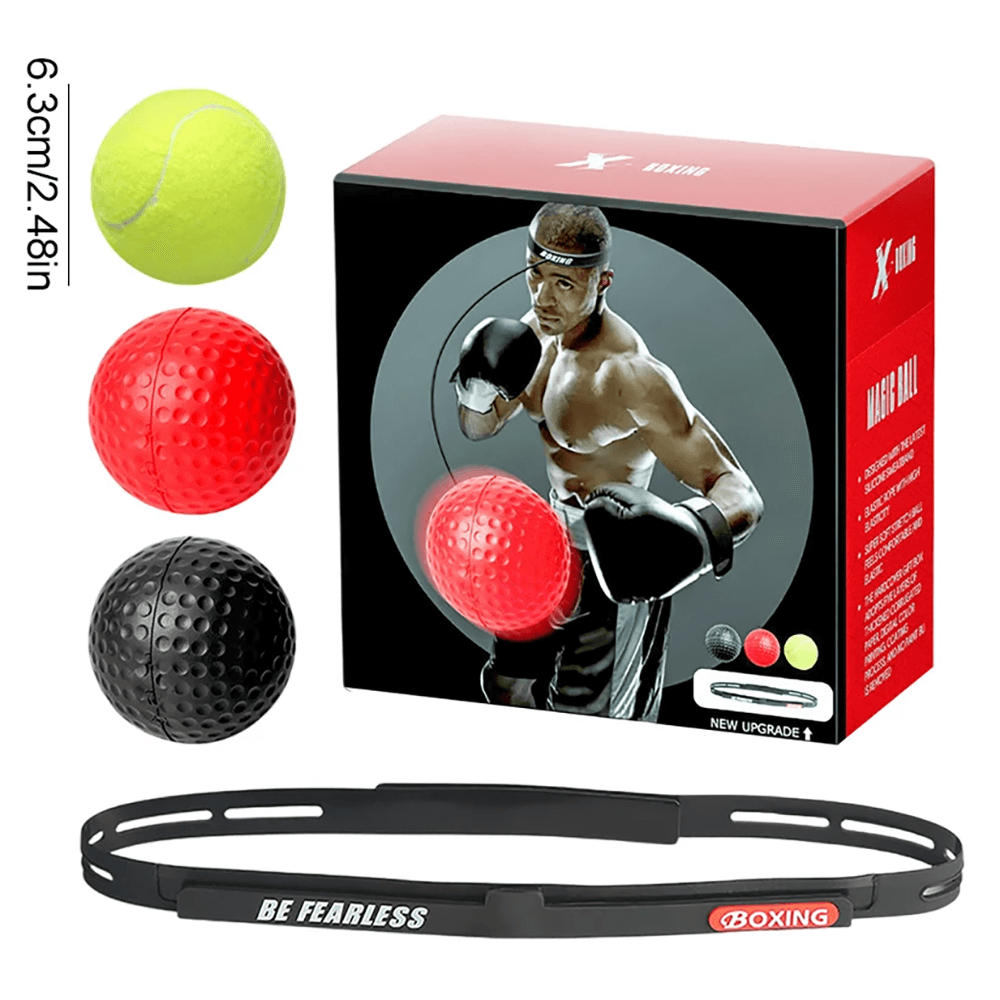 Boxing reflex ball set with adjustable 'Be Fearless' headband and three colored PU balls for speed and coordination training.