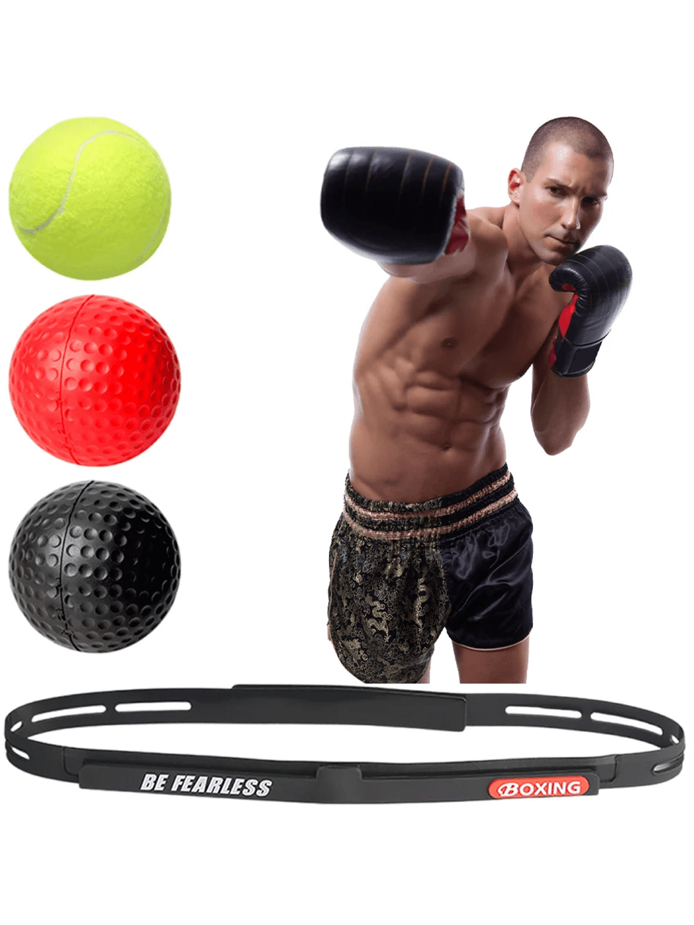 Boxing Reflex Ball Set with "Be Fearless" Headband and 3 PU Punch Balls for Adult Training and Combat Sports.