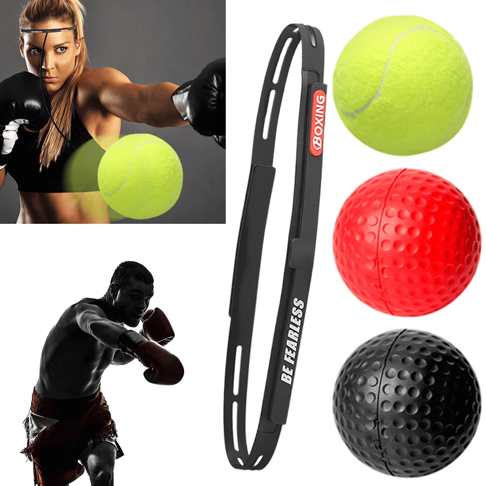 Boxing reflex ball set with adjustable 'Be Fearless' headband and 3 PU balls for hand-eye training, ideal for adults and combat sports.